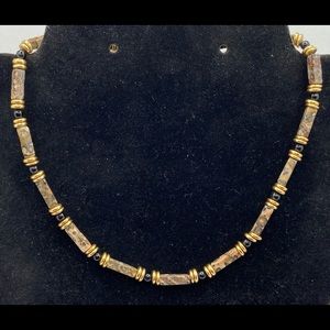 Vintage 18KGF leopard skin jasper & black onyx gemstone beaded choker necklace